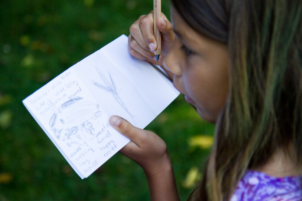 Young girl drawing with a pencil shapes by observing nature outdoors