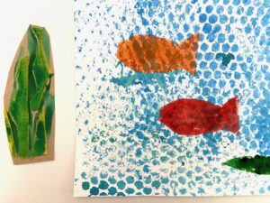 doing art with early childhood children bubble wrap, tempera paint and fish