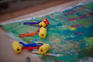 canvas, acrylic, and paint rollers with kids, art camp